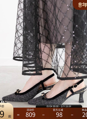 RANDA 24秋冬新款经典复古珍珠蝴蝶结方头高跟鞋 DD34070