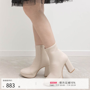 RANDA 25秋季新款COTTON系列厚底增高粗跟防水台短靴女 KC36120