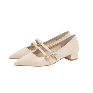 RANDA 24春季新款钻饰扣带粗跟尖头平底玛丽珍单鞋女 PP32089