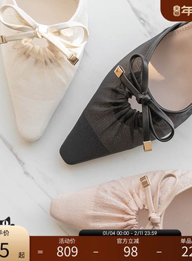 RANDA 25春夏新款时尚透感褶皱设计细跟尖头蝴蝶结单鞋 DD33010