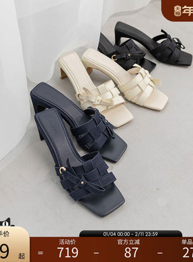 RANDA 23新款编织感蝴蝶结牛仔布穆勒无后跟女凉鞋 DS31054