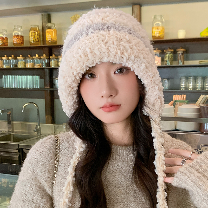 秋冬季毛绒显脸小大头围保暖防寒帽子女绑带毛线针织套头帽1027n