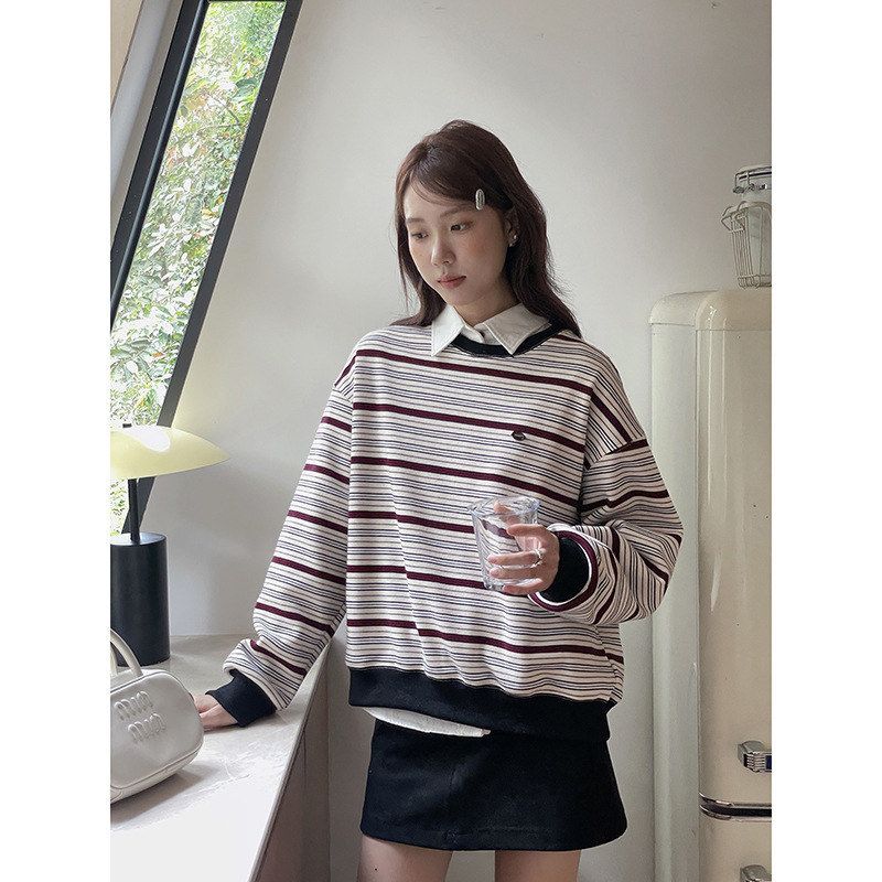 【miu系美学】兴北韩系通勤条纹加绒卫衣女冬季新款宽松上衣N796C