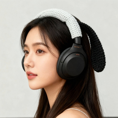 手工DIY灰黑兔耳柔软毛线耳机保护套横梁套适用飓风3索尼XM4XM5 XM6苹果APM头戴式耳机横梁手工钩织可定制