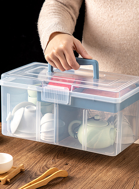 茶具收纳盒手提式防尘透明多功能户外旅行便携桌面双层分格整理箱