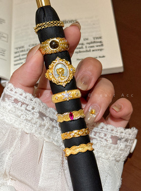 vintage 中古风金色镂空蕾丝戒指女轻奢宫廷风开口叠戴指环食指戒