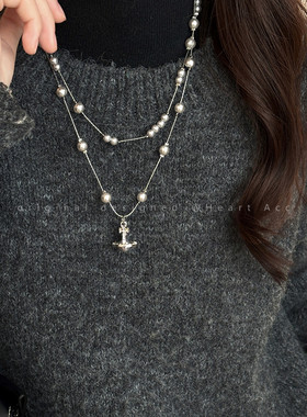 西太后土星叠戴灰珍珠项链女轻奢高级感长款毛衣链秋冬气质配饰品