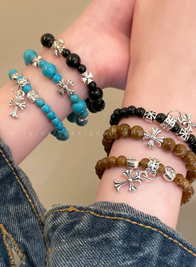 绿松石串珠十字架吊坠手链女2025新款高颜值手串学生党情侣手饰品