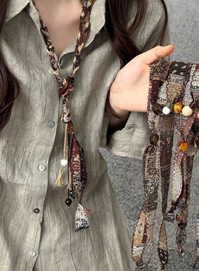 红咖腰果花圆环抽拉项链女2025秋季新款波西米亚风毛衣链百搭配饰