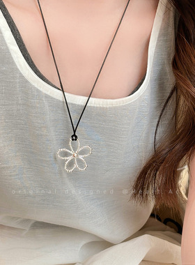 韩国东大门镂空花朵项链女简约黑绳抽拉可调节颈链长款百搭锁骨链