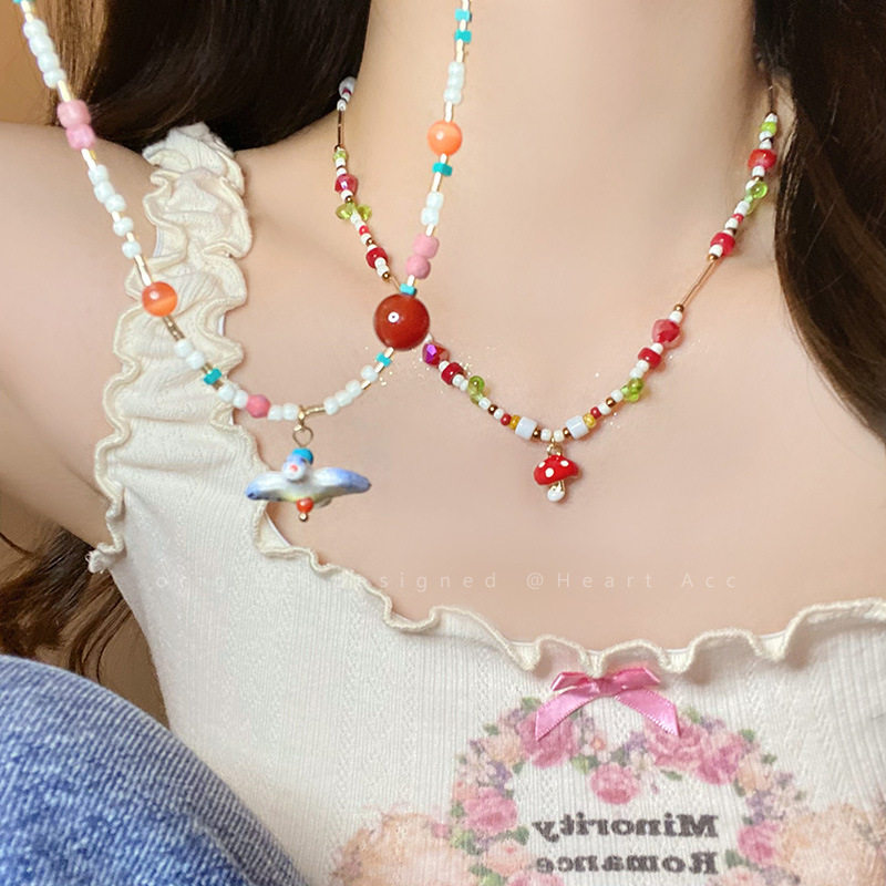 手作彩色天然石蘑菇米珠项链女夏季小众设计感锁骨链可爱复古颈链,饰品/流行首饰/时尚饰品新,项链,淘宝优惠券,粉丝福利购,淘宝优惠卷