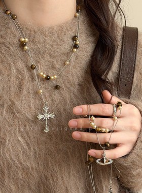 虎眼石珍珠双层叠戴西太后项链女秋冬美拉德高级感气质毛衣链配饰