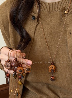 萌物来袭~木质小熊星星项链女秋冬可爱长款毛衣链小众设计感配饰