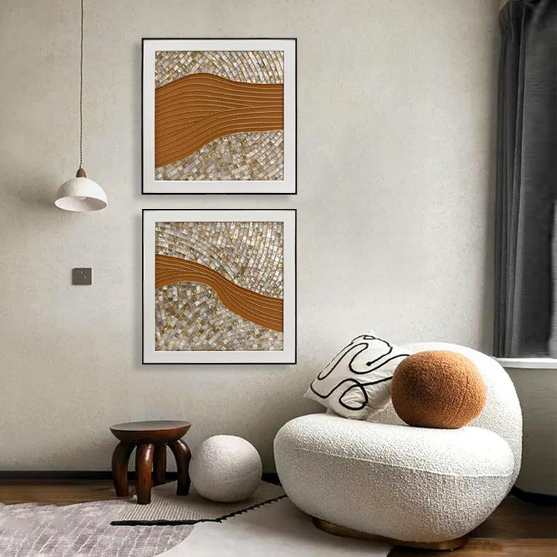 客厅现代时尚装饰画手工贝壳金色链轻奢入户酒店大堂立体挂画直销图片
