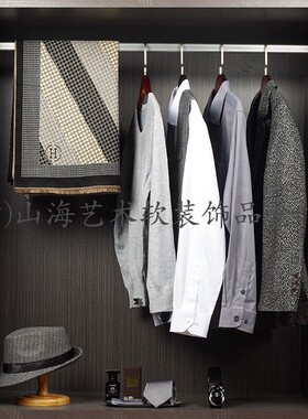 现代样板房男士衣帽间软装饰品套装衣服道具西服皮鞋衣柜展厅摆件