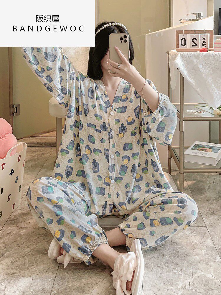 阪织屋官方旗舰店棉绸睡衣女春秋款夏季长袖人造棉空调月子家居服