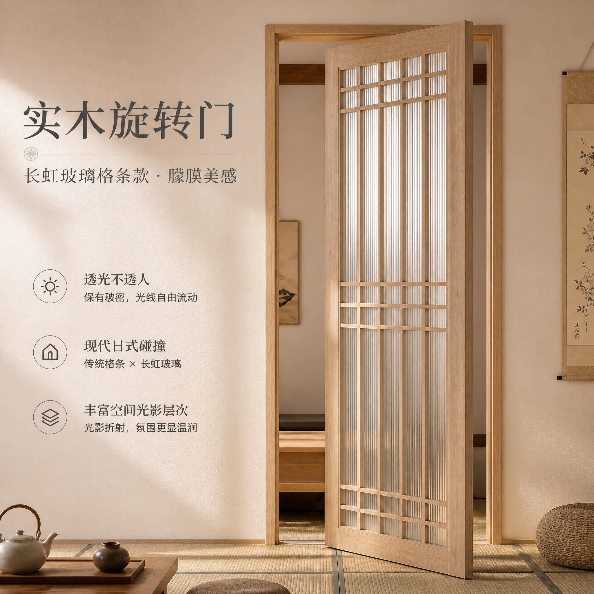实木中轴360度天地轴旋转门定制卧室悬浮门偏轴酒店日式推拉门