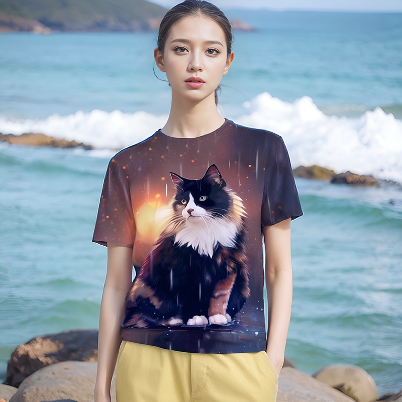 egly猫咪印花 3D印花男女款中性休闲街头个性原宿短袖T恤上衣