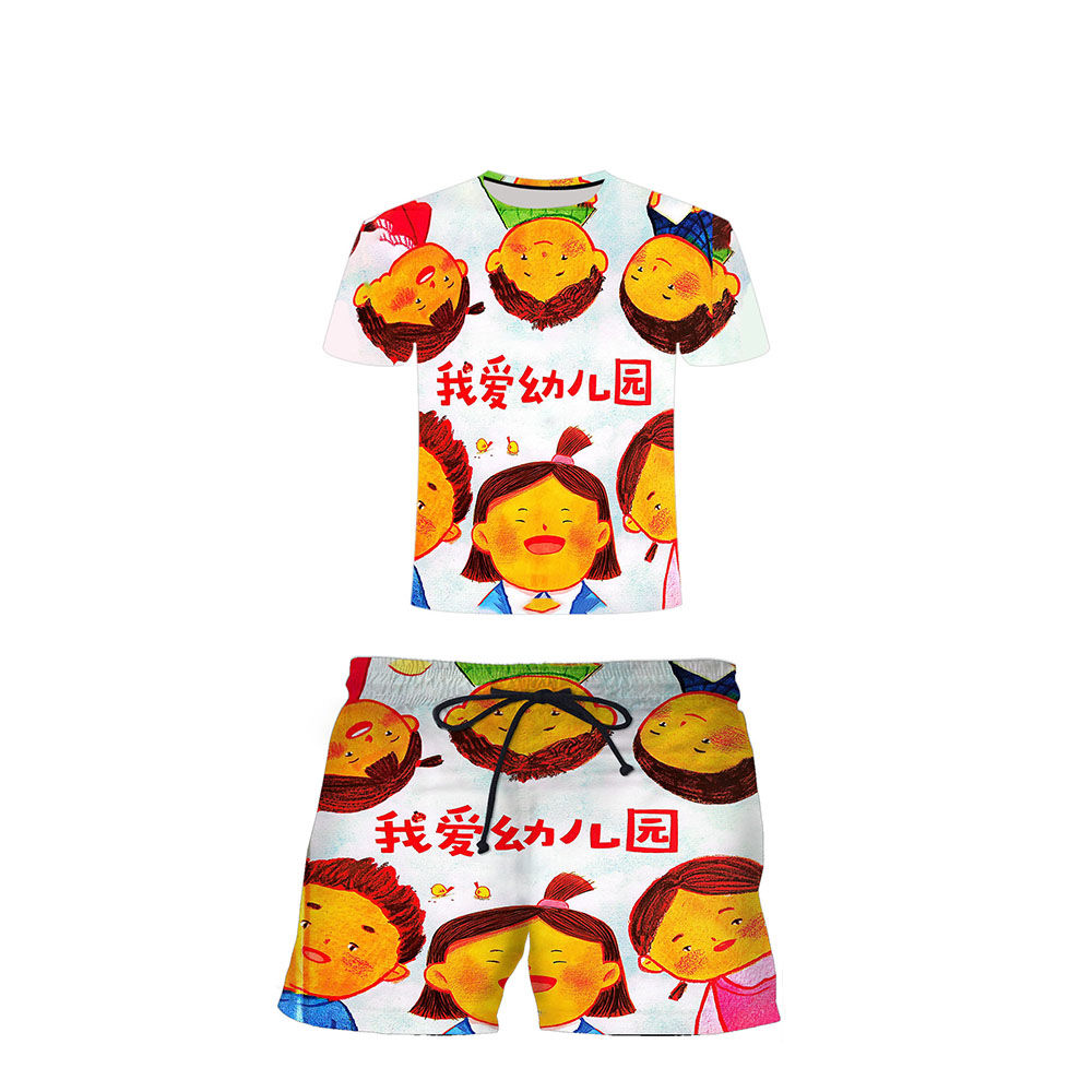 egly夏季幼儿园课本战衣T恤3D印花时尚潮流套装男女同款上衣