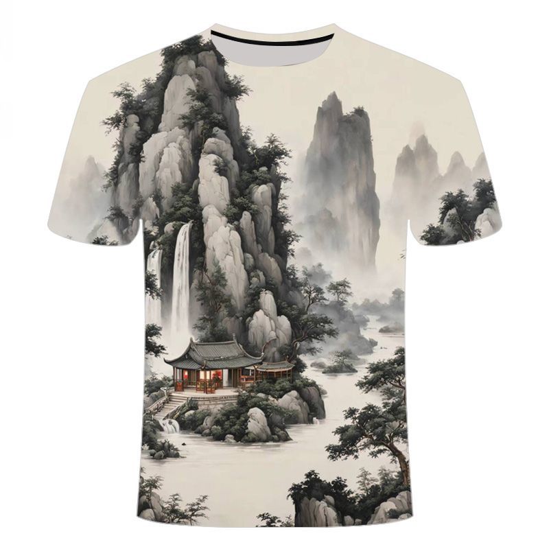 egly中国风山水画短袖t恤男夏季新款宽松休闲3D印花体恤上衣潮