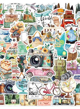 50张旅行涂鸦贴纸不重复风景复古邮票美式英文ins文艺卡通可爱手账笔记本电脑手机壳ipad相框diy装饰防水贴画