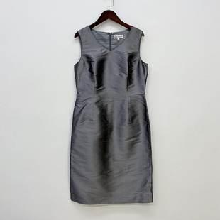 外贸真丝绢纺双宫无袖V领收腰无袖连衣裙 桑蚕丝修身中长裙