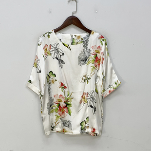 外贸单 柔软真丝弹力素绉缎短袖 印花T恤 桑蚕丝收下摆上衣 3色入