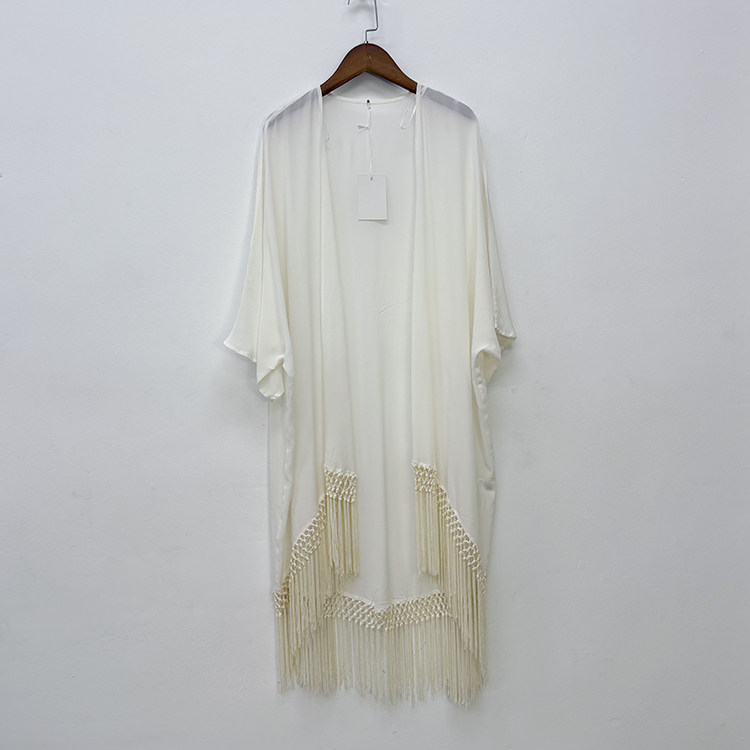 真丝双绉中袖开衫披肩下摆流苏 桑蚕丝中长款外套风衣女夏季