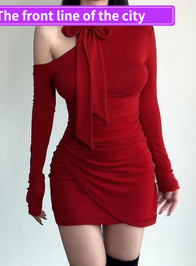 Sexy slim lace party mini dress蝴蝶结红色连衣裙女秋冬新款收