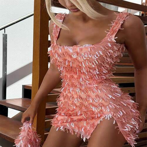 deep V backless sequined tank top sexy slim fit dress年品吊