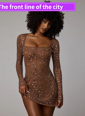 Lace slim fit sexy hip hugging dress欧美外贸低胸方领长袖收腰