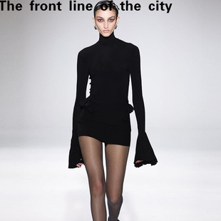 sexy hip 纯色半高领喇叭袖 slim 新款 fit dress秋季 Lace hugging