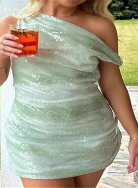 deep V backless sequined tank top sexy slim fit dress女装爆