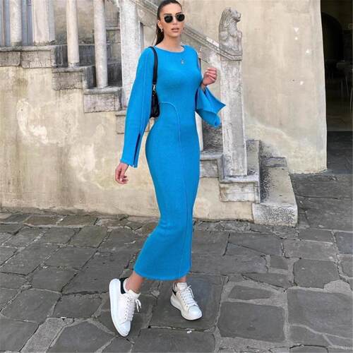Sexy fashionable sleeveless camisole dress喇叭袖修身毛衣裙圆