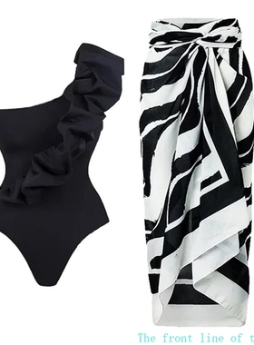 Printed slim fit women's sexy bikini斜肩黑色连体泳衣女套装裙