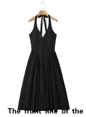 Printed neck hanging V-neck vacation long dre假黑色礼服长裙