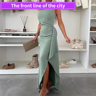 for Sexy Women现货单肩开叉收腰连衣 Dress Fashion Split Strap