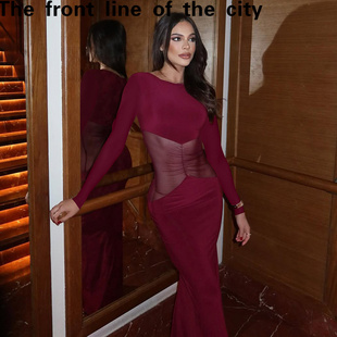 sexy hip 圆领套头长袖 slim 网纱 时尚 fit dress秋季 Lace hugging