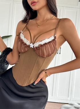 Sexy mesh fishbone corset vest性感透视网纱拼接蕾丝胸棉辣妹露
