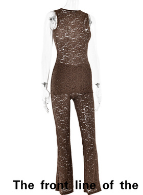 Deep V-print sexy slim fit suspender dress袖上衣修身长裤套装
