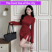 slim dress秋季 lace Sexy party mini 修身 基础开叉半高领连衣裙