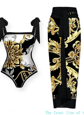 Printed slim fit women's sexy bikini双面黑色连体泳衣女沙滩高