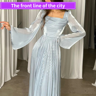 Fashion 高腰 Sexy Strap Women法式 方领褶皱修身 for Split Dress