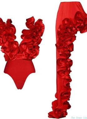 Printed slim fit women's sexy bikini2024红色深V重工花边连体