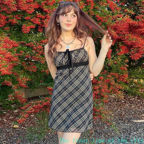 Floral sexy casual bubble dress一字领格子飘带休闲时尚吊带连