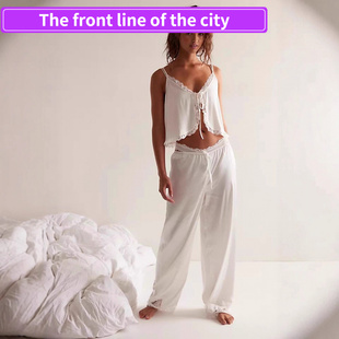 Sexy backless slit spaghetti strap top women秋冬蕾丝花边阔腿