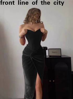 Lace slim fit sexy hip hugging dress新款欧美气质抹胸系带派对