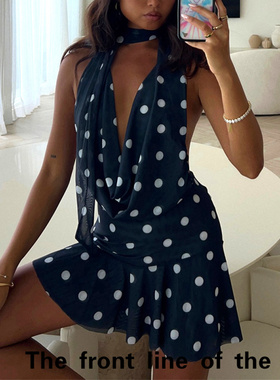 Deep V-print sexy slim fit suspender dress裙系带网纱深露背裙