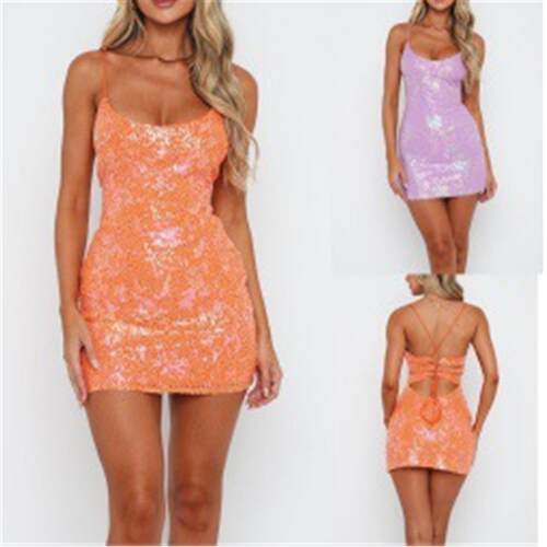 deep V backless sequined tank top sexy slim fit dress2023时