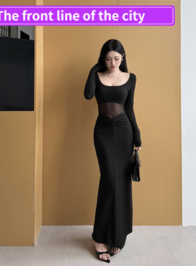 Sexy slim lace party mini dress网纱拼接U领连衣裙女秋季辣妹透